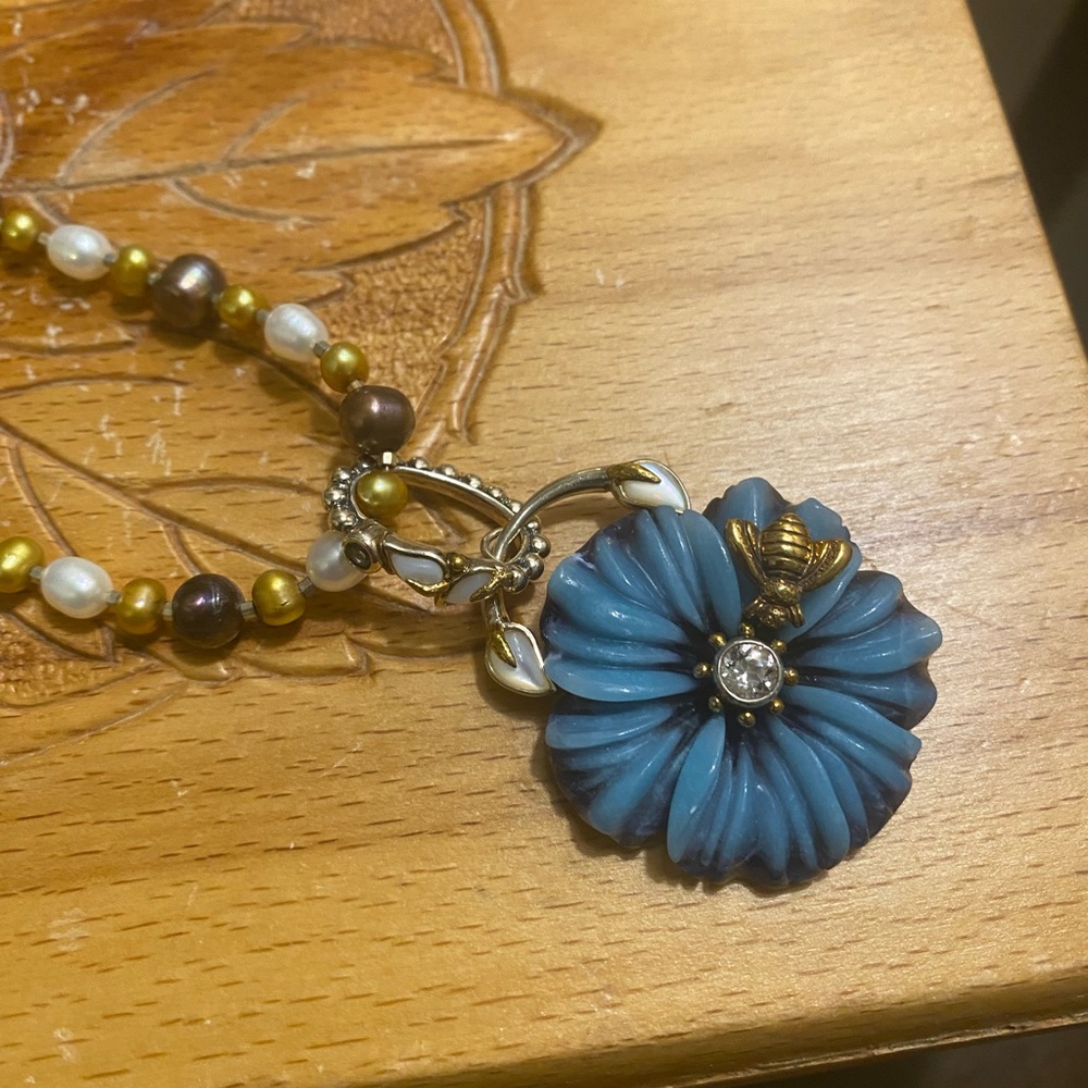 Echo of the Dreamer Elegant pearl Necklace with Blue Flower sterling and bronze